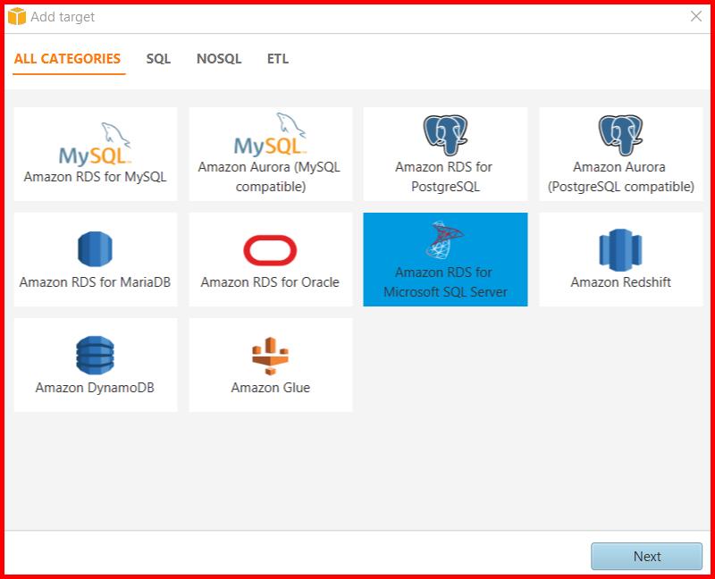 Picture showing selecting the Amazon RDS for Microsoft SQL Server as target database type